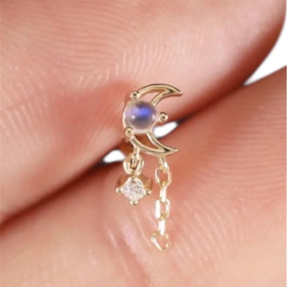 18G 14K Yellow Solid Gold Moonstone Dangle Stud - Picture 2 of 2